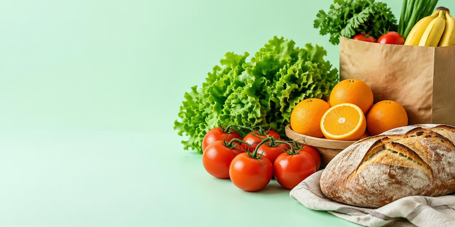 Sacola com frutas, verduras e pão fresco